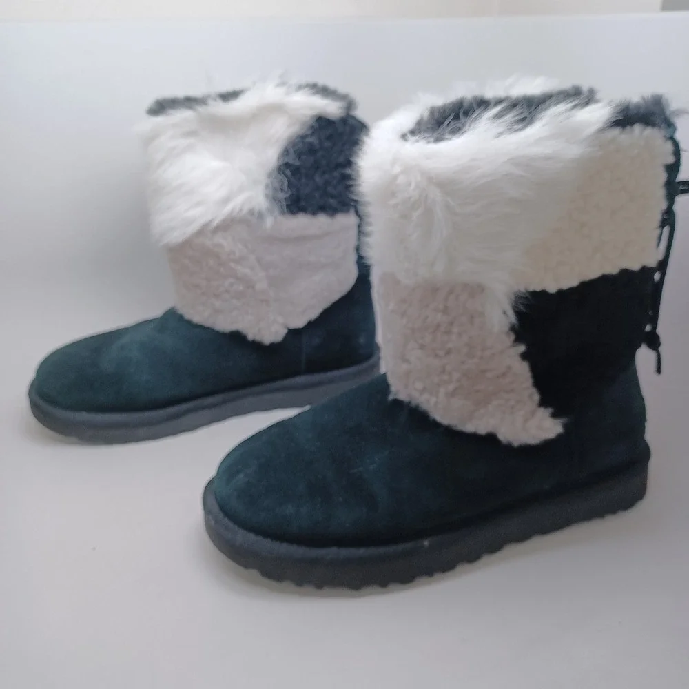 UGG Australia Women Black Suede Mixed Faux Fur Lace Up Back Boots US 8